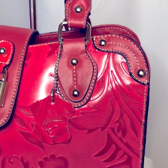 MC red embossed genuine leather satchel handbag with feet. - Picture 4 of 16